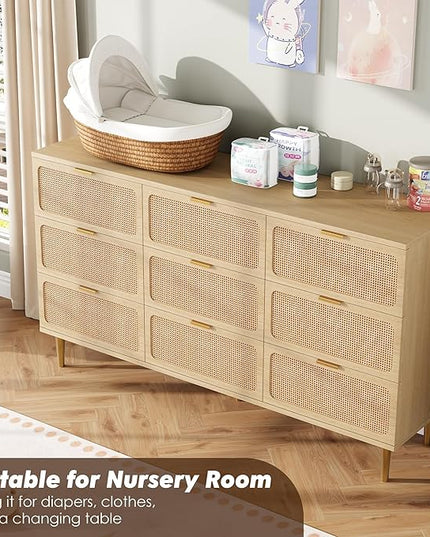 Garvee Rattan Dresser with 9 Drawers, Tall Modern Closet with Deep Storage, Large Chest of Drawers with Wide Top, Long Wooden Dresser for Bedroom, Living Room, Hallway, Kids Room, Natural