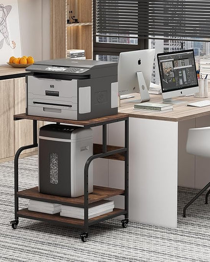 Large Printer Stand with Adjustable Storage Shelf, 3 Tier Printer Cart with Wheels for Home Office Organization, Rolling Table Stand for Heat Press Mini Fridge, Industrial Style