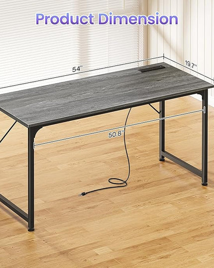 PRAISUN 54 X 20 Inch Office Computer Desk with Power Outlets and USB-C Port, Larger and Longer Gaming Desk, for Home Office, Study, Bedroom, Writing Work from Home Table, Metal Frame, Grey
