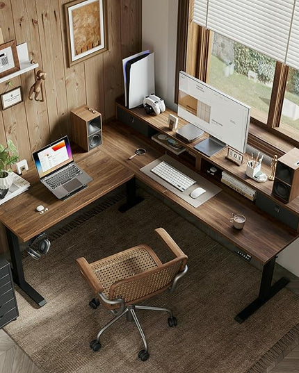 Agilestic 63 x 55 INCH L Shaped Electric Standing Desk with 2 Drawers, Ergonomic Adjustable Height Desk with Storage, Corner Desk Sit Stand up Computer Table for Work Office Home, Dark Wlalnut