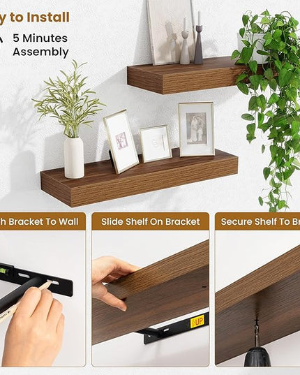 Fun Memories Floating Shelves Bathroom for Wall Mounted Shelves, 20 Inch Wood Shelf Set of 2, Home Storage & Display Decor, Walnut