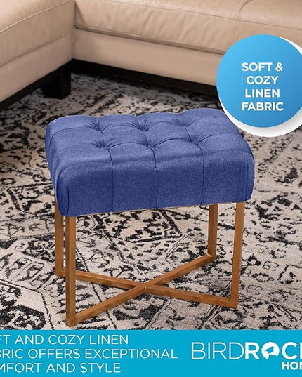 BIRDROCK HOME Rectangular Tufted Foot Stool Ottoman with Soft Padded Cushion - Versatile Vanity Chair for Bedroom, Living Room, Bathroom - Compact Seating for Adults - Blue with Pale Gold Metal Legs