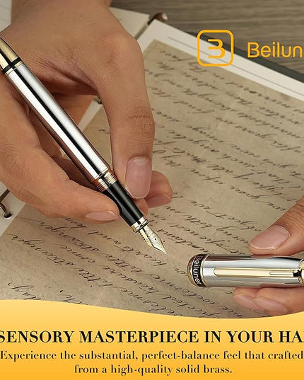 BEILUNER 315 Silver Chrome Fountain Pen,Stunning Luxury Pens with 24K Gold Accents, Gorgeous 24K Gilded Nib(Fine), Ink Converter,Fancy Pen Gift for Men&Women-Elegant, Office, Writing, Nice Design