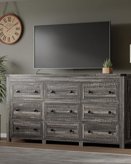 BORNOON 9-Drawer Dresser, Modern Wooden Storage Chest of Drawers, Dresser TV Stand, Wood Drawer Organizer with Metal Handles for Bedroom, Living Room, Hallway
