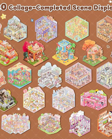 ASTARON 20 Sets DIY 3D Sticker Scene Book Sticker Therapy for Adults, Make Your Own Mini Cozy Shop House Room Stickers Cute Cartoon Miniature Stickers Relief Stress Pass The Time