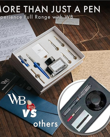 Wordsworth & Black Fountain Pen Gift Set, Includes Bottle, 6 Cartridges, Refill Converter, 4 Replacement Nibs, Premium Package, Journaling, Calligraphy, Smooth Writing Pens [Blue Chrome]