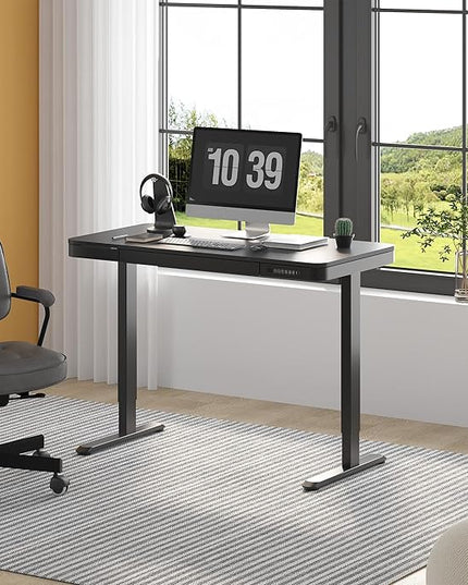 FLEXISPOT Comhar Electric Standing Desk with Drawer Desktop & Adjustable Frame Quick Install w/USB Charge Ports (Black, Wood)