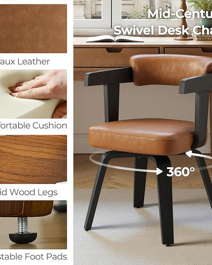 Fat Ant Home Office Desk Chair - Mid Century Modern Chair, Faux Leather Office Chair No Wheels, Comfy Accent Arm Chair with Wood Legs for Small Spaces Living Room Bedroom Study, Black/Walnut