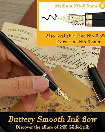 BEILUNER Black Fountain Pen,Stunning Luxury Pens with 24K Gold Accents, Gorgeous 24K Gilded Nib(Medium), Trustworthy Pen Gift for Men&Women -Ink Converter-Elegant, Reliable,Nice Pen for Writing