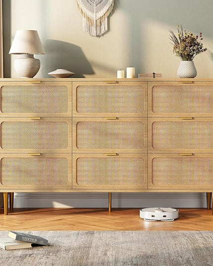 Garvee Rattan Dresser with 9 Drawers, Tall Modern Closet with Deep Storage, Large Chest of Drawers with Wide Top, Long Wooden Dresser for Bedroom, Living Room, Hallway, Kids Room, Natural