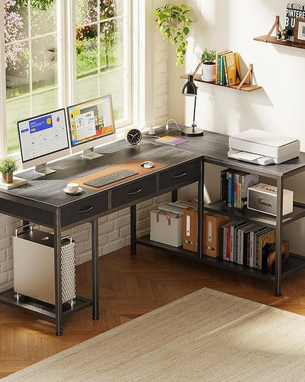 PRAISUN 55 Inch L Shaped Office Desk with Power Outlets and Type-C Port, Large Computer Gaming Desk with 3 Fabric Drawers, Mesh Shelves, Corner Study Work Writing Desk, Grey