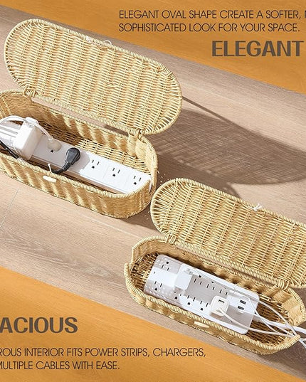 FairyHaus Cable Management Box 2Pack Caramel, Handwoven Large and Small Cable Organizer Box Cover to Hide Cords and Power Strip, Imitation Wicker Cord Organizer Box Hider for Office Desk and Floor