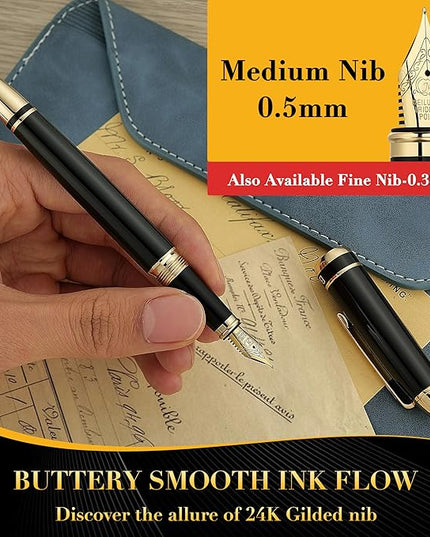 BEILUNER 315 Black Fountain Pen,Stunning Luxury Pens with 24K Gold Accents, Gorgeous 24K Gilded Nib(Medium), Ink Converter,Fancy Pen Gift for Men&Women-Elegant, Office, Reliable, Nice Design