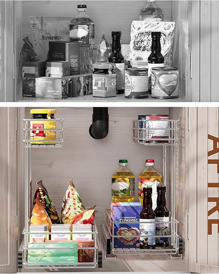 Under Sink Organizer 2 Packs, Pull Out Cabinet Organizer 2 Tier, Under Sink Slide Out Organizer Chrome Plated, Under Kitchen Bathroom Sink Organizer, Pantry Cabinet Closet Organization Rack, 9"W X19"D