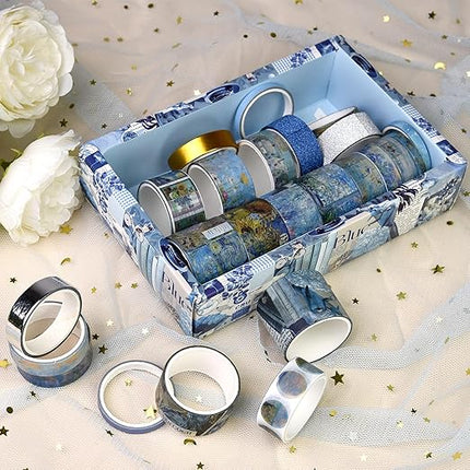Sifaolp Washi Tape Set, 24 Rolls Vintage Washi Stickers, Assorted Sizes, for Junk Journal Scrapbook Tape, Bullet Journaling Scrapbooking Supplies, Planner Sticker DIY Craft DéCor (Blue)