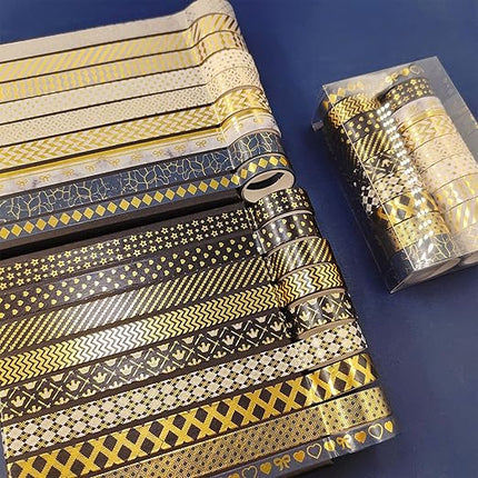 YUBBAEX 18 Rolls Black Gold Washi Tape Set Basic Patterns Foil Print Decorative Tapes for Arts, DIY Crafts, Bullet Journals, Planners, Scrapbook, Wrapping (15mm) (Black Gold Pack x 18 Rolls)