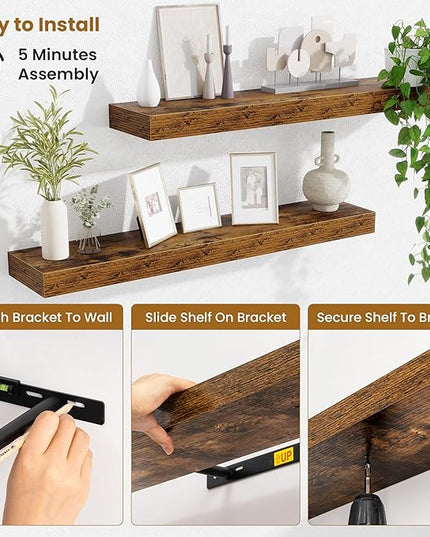 Fun Memories Bathroom Shelves 32 Inch Long Set of 2, Floating Shelves for Wall with Invisible Brackets, for Bedroom, Living Room, Kitchen, Rustic Brown