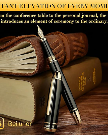 BEILUNER 315 Black Fountain Pen,Stunning Luxury Pens with 24K Gold Accents, Gorgeous 24K Gilded Nib(Medium), Ink Converter,Fancy Pen Gift for Men&Women-Elegant, Office, Reliable, Nice Design