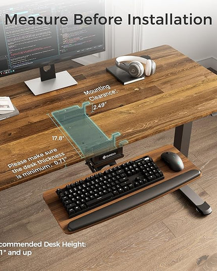 EUREKA ERGONOMIC Keyboard Tray Height Adjustable, Swivel Tilt Computer Keyboard Drawer Under Desk, 25x9.13'' Sliding Keyboard & Mouse Platform with Mouse Pad for Typing, Walnut