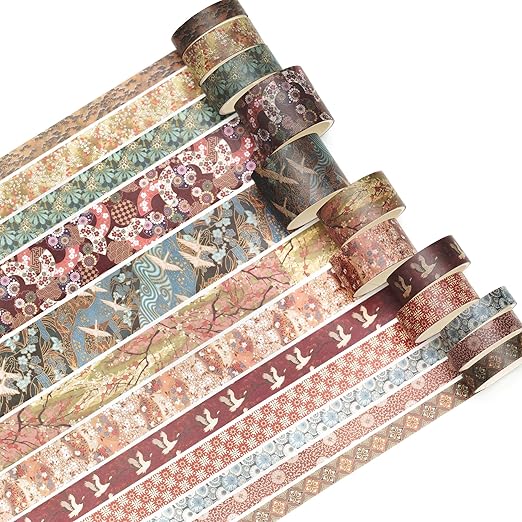Songdao 12 Rolls Kyoto Charm Washi Tape Set Japanese Arts Adhesive Tapes Geometric Garden Decorative Masking Tape Sets for Craft, Kids, Scrapbook, DIY, Gift Wrapping (Crimson Fields)