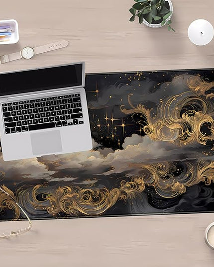 Golden Moon Desk Pad Black Desk Mat XXL Mouse Gaming Pads, Starry Sky Keyboard Pads Extra Large Desktop Computer Mats with Non-Slip Base & Stitched Edges, Vintage Office Decor 31.5" x 15.7"