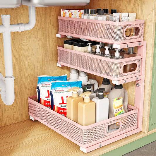 Kitstorack Under Sink Organizer, 1-Pack 3-Tier Height Adjustable Thickened Metal Pull out Cabinet Organizer Shelf, Slide out Storage Drawer Rack for Bathroom Kitchen Pantry Home Organization, Pink
