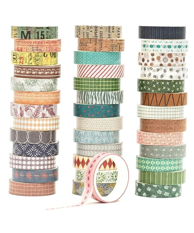 YUBBAEX 40 Rolls Basic Washi Tape Set Cute Printed Patterns Masking Skinny Creative Decorative Tapes for Arts, DIY Crafts, Journals, Planners, Scrapbook, Wrapping (Retroism 2)