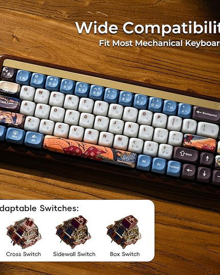 OHY XVX MOA Profile Keycaps Set, Japanese Mount FujiTheme 132 - Key White & Blue Custom Keycaps with PBT + Frosted Translucent PC Material for ANSI Layout Mechanical Keyboards- - Musashi Senju