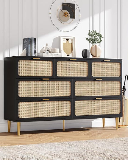 Garvee Rattan Dresser with 7 Drawers, Tall Modern Closet with Deep Storage, Large Chest of Drawers with Wide Top, Long Wooden Dresser for Bedroom, Living Room, Hallway, Kids Room, Black