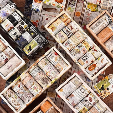 18 Rolls Vintage Washi Tape Set, Newspaper Building Map Retro Masking Tape 5/10/15/20/25/30/50/75mm Wide 6.56ft Long Decorative Scrapbook Tape for journaling, Scrapbooking Supplies, Junk Journal Craft