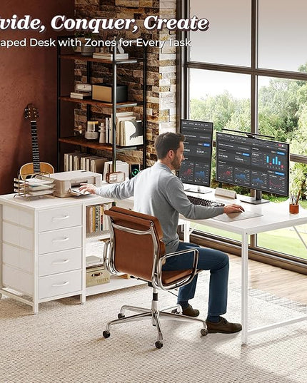 PRAISUN 53" L Shaped Desk with Power Outlets and USB-C Port, Reversible Computer Corner Office Desk with 4 Fabric Drawers and 2 Height-Adjustable Shelves, Large for Gaming Writing Work Study, White