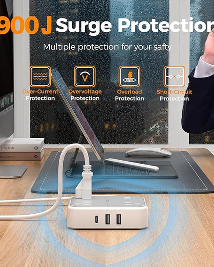TESSAN Short Extension Cord, 1 Ft Ring Pull Surge Protector Power Strip with Multiple Outlets, 3 USB (1 USB C) 4 Outlets, 900J Surge Protection, Desktop Charging Station for Home, Office, Dorm Room