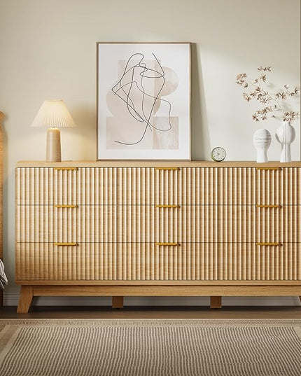 BORNOON 63" Long Dresser for Bedroom, 9-Drawer Fluted Dresser, Extra-Wide Wood Chest of Drawers with Smooth Metal Slides, Stable Base, Modern Clothes Storage Cabinet for Living Room, Hallway, Nursery