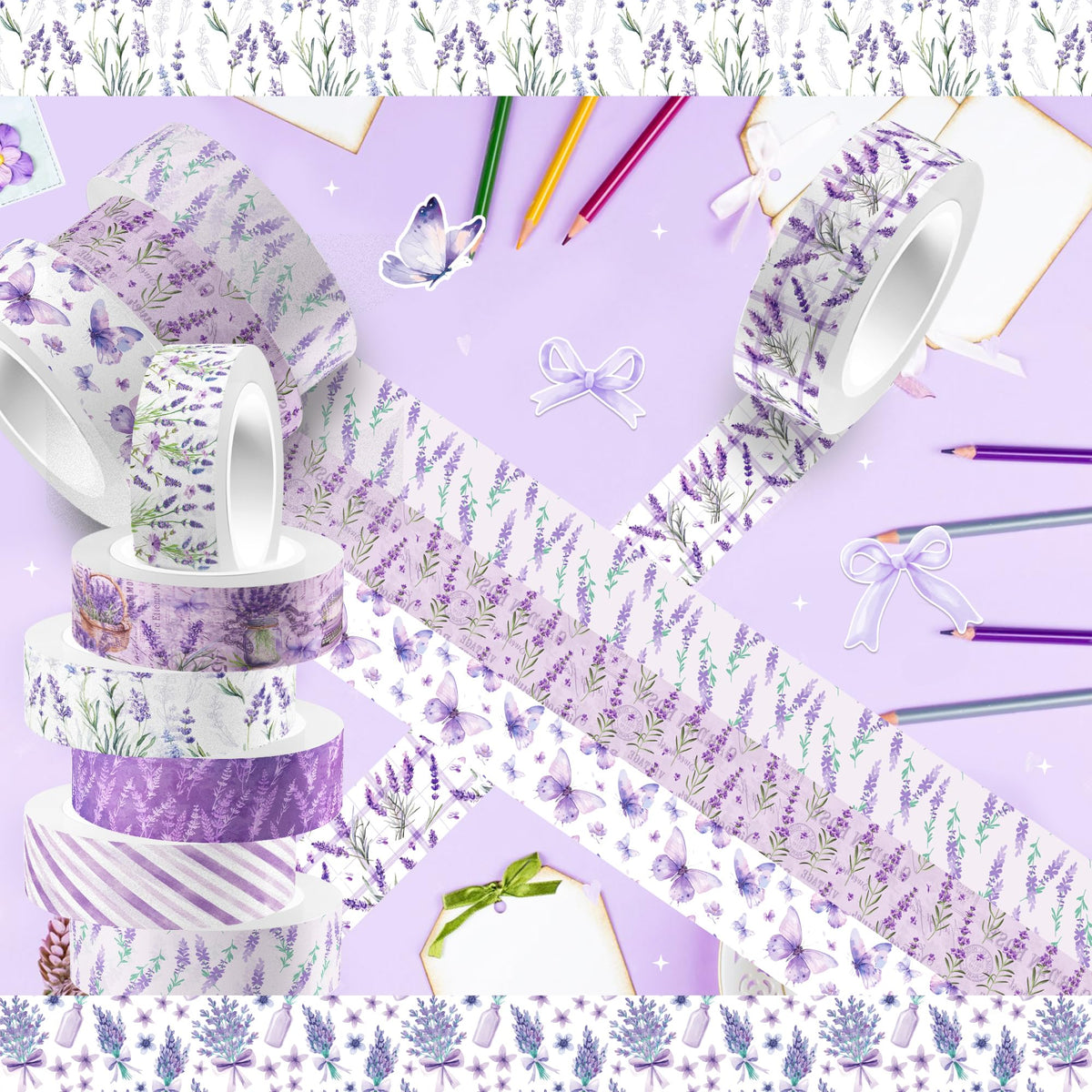 MOZUI Lavender Washi Tape 12 Rolls Lavender Tape Masking Decorative Purple Flower Washi Tape for DIY Craft Gift Wrapping Handbook Sticker Scrapbook Journaling Party Favor