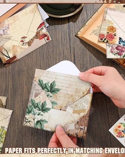 TaoBary 160 Pcs Stationery Paper Set 50 Double Sided Stationery Papers with 50 Matching Envelopes and 60 Round Dot Sticker, 10 Design(Nature Vintage Style,5.5 x 8.25 Inch)