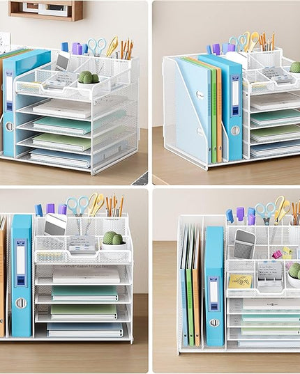 Lavatino 5-Tier Desk Organizer with 2 File Holders, Metal Adjustable Paper Letter Tray for Office or Home Desk Organizers and Accessories | 7 Flexible Dividers Keep Workspace Supplies Neat, White