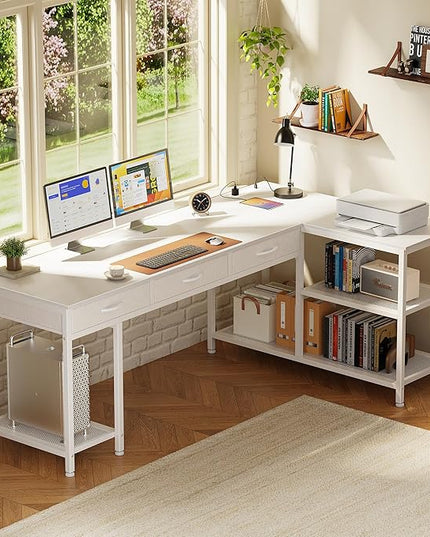 PRAISUN 63 Inch L Shaped Office Desk with Power Outlets and Type-C Port, Large Computer Gaming Desk with 3 Fabric Drawers, Mesh Shelves, Corner Study Work Writing Desk, White
