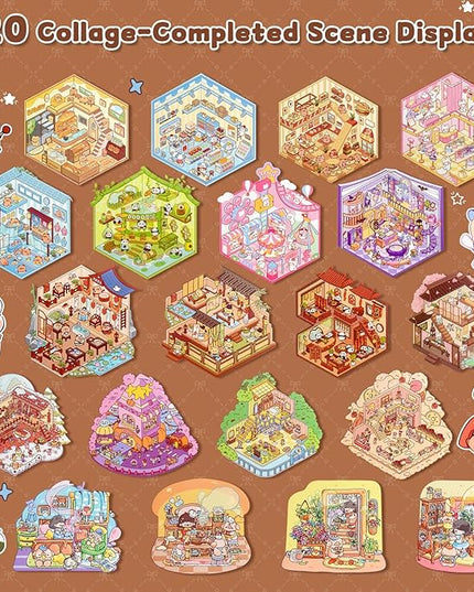 ASTARON 20 Sets DIY 3D Sticker Scene Book Sticker Therapy for Adults, Make Your Own Mini Cozy Shop House Room Stickers Cute Cartoon Miniature Stickers for Girls, Relief Stress Pass The Time