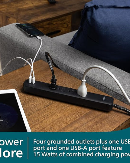 Philips 4-Outlet Surge Protector, 4ft Braided Cord, 1-USB-C, 1-USB-A, Extension Cord, Power Strip, for Home, School, or Office, 15W, 450J, Black, SPP3393B/37
