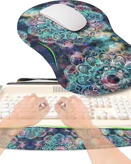 2-in-1 Ergonomic Set, Wave Rise Keyboard Wrist Rest and Massage Bulge Slope Mouse Pad Wrist Support, Cushion Memory Foam Integrated to Relieve Wrist Pain, Galaxy Mandala