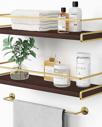 Floating Shelves Bathroom Shelves Over Toilet Set of 2, Bathroom Wall Shelves with Towel Bar, Wall Mounted Vanity Shelf for Bedroom, Kids Room, Kitchen (Brown & Gold)