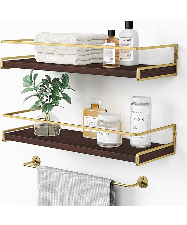 Floating Shelves Bathroom Shelves Over Toilet Set of 2, Bathroom Wall Shelves with Towel Bar, Wall Mounted Vanity Shelf for Bedroom, Kids Room, Kitchen (Brown & Gold)
