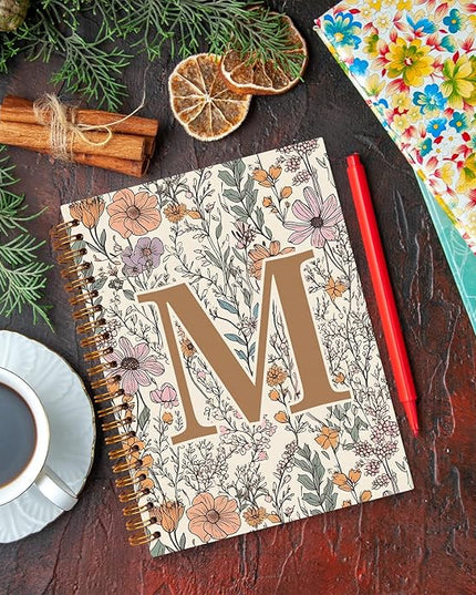 JXREQ Vintage Boho Floral Personalized Notebook, Initial Letter M Notebook Journal, Monogram Notebook, Monogrammed Gifts for Women, Boho Office Supplies, Flower Spiral Notebook 5.5x8.3