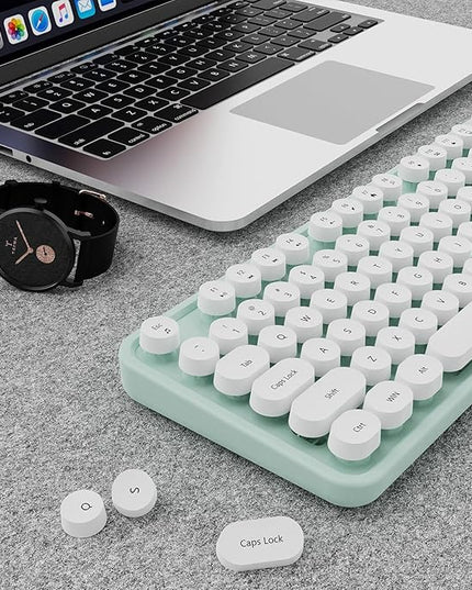 Wireless Keyboard and Mouse Combo, Ergonomic Full Size Typewriter Retro Round Keycaps Keyboard, Compatible with Windows, PC, Perfer for Home and Office Keyboards（Green）