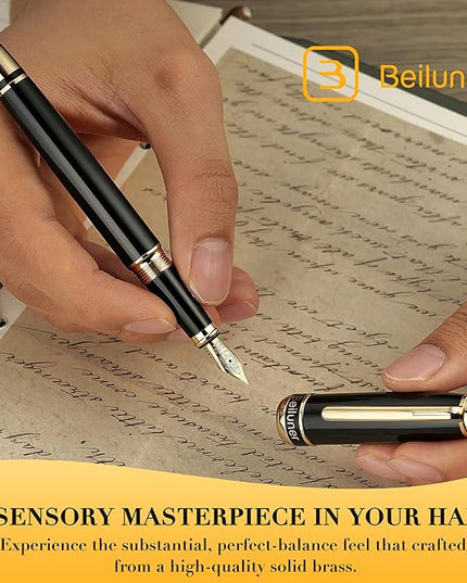 BEILUNER 315 Black Fountain Pen,Stunning Luxury Pens with 24K Gold Accents, Gorgeous 24K Gilded Nib(Medium), Ink Converter,Fancy Pen Gift for Men&Women-Elegant, Office, Reliable, Nice Design
