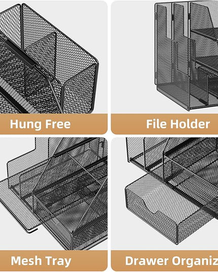 Marbrasse Desk Organizer and Accessories, 3-Tier File Organizer with Drawer and Pen Holder, Small Desktop Organizer and Storage for Workspace Office Supplies Black