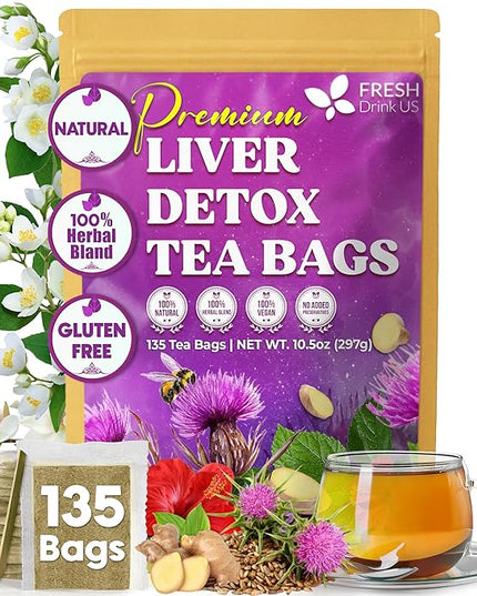 FreshDrinkUS, Premium Liver Detox Tea Bags | 135 Count | Eco-Conscious Corn Fiber Tea Bags | Ayurvedic Stomach Relief & Liver Support | Vegan, Caffeine Free, Kosher