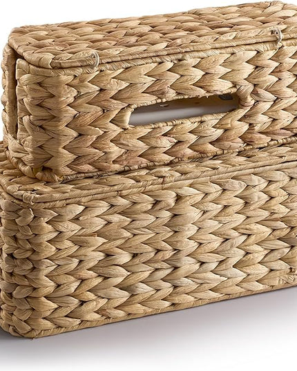 TIDITA Set of 2 Wicker Large Cable Management Box - Cord Box Hider for Home, Office - Water Hyacinth Cable Hider Box, Surge Protector Box for TV Wires, Computer - Power Strip Box - 3 Slots, Secure Lid