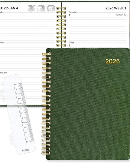 SUNEE 2026 Weekly & Monthly Planner 6.4"x8.5"- 12 Month (January 2026 - December 2026), Vegan Leather Cover, Pocket, Bookmark, Notes, Monthly Tab, Deep Green