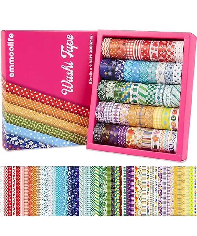 emmoolife 50 Rolls Washi Tape Set, 15mm Wide Rainbow Colored Tape Aesthetic Design Masking Decorative Tape for Scrapbooking Supplies, Bullet Journaling, Junk Journal, Wrapping Planners, DIY Arts Craft